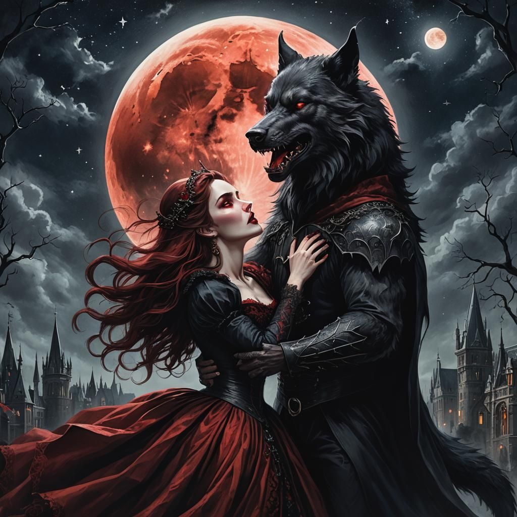 Gothic Woman and Werewolf Under Red Moon