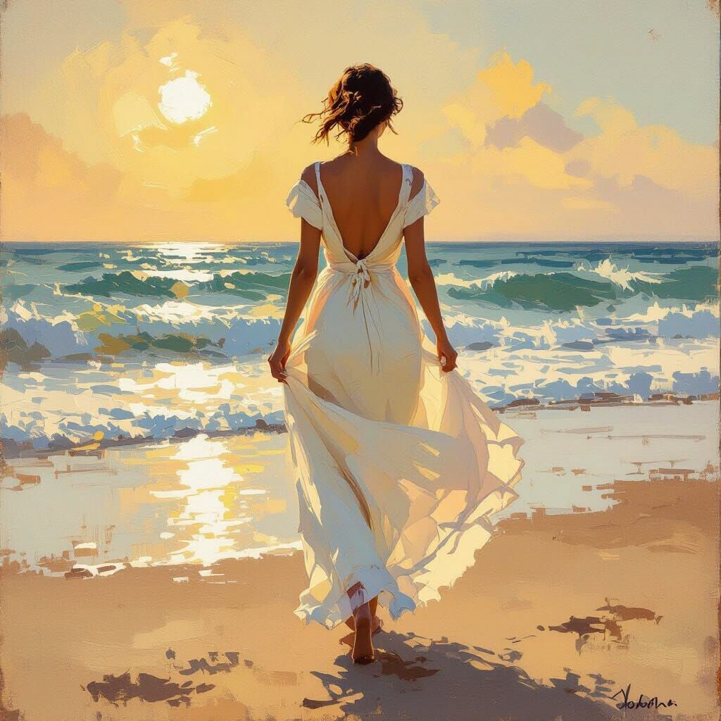 Woman on Windswept Beach in Impressionist Style