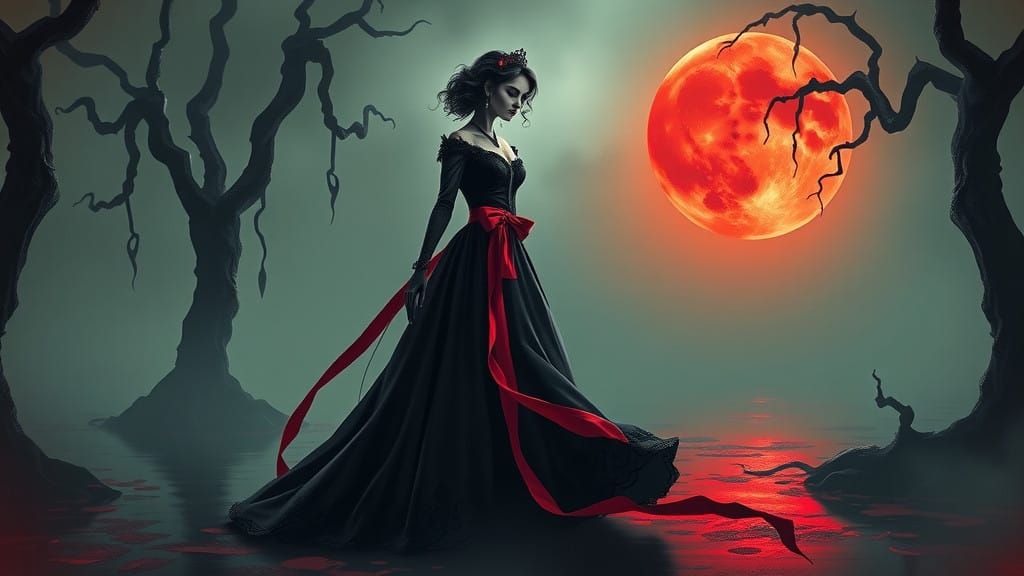 Mavis Dracula Amidst Gothic Swamp under Crimson Moonlight