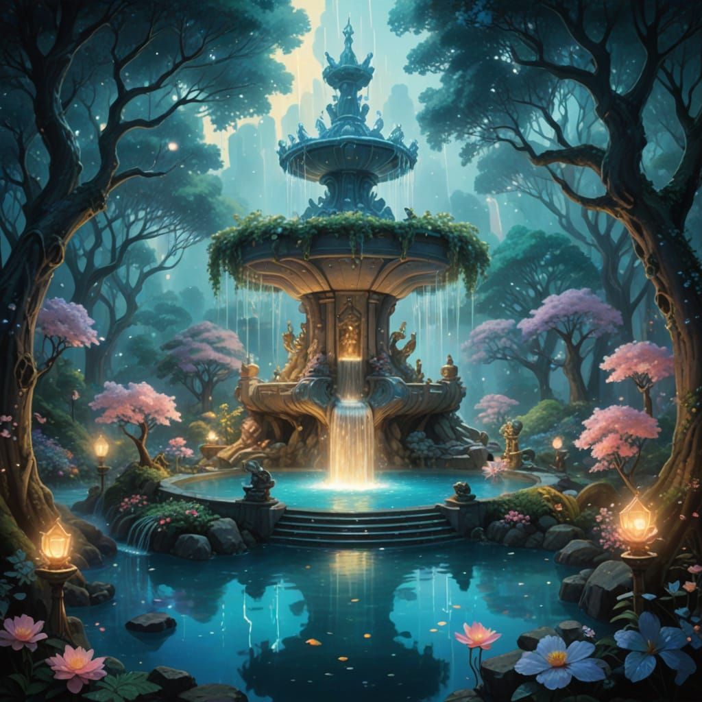 Enchanted Forest Fountain with Stardust, Fantasy Art