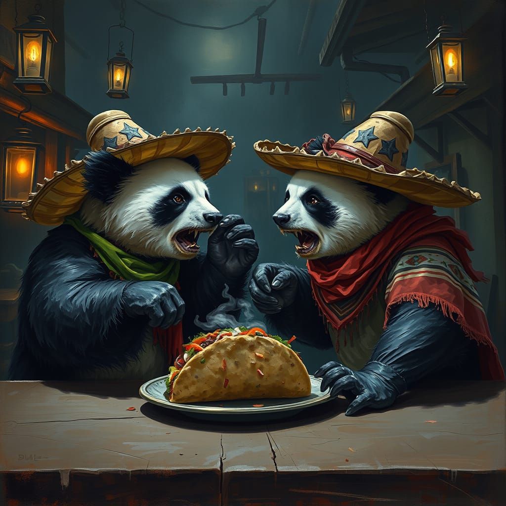 Gothic Panda Bears Clash in a Dark Mexican Cantina
