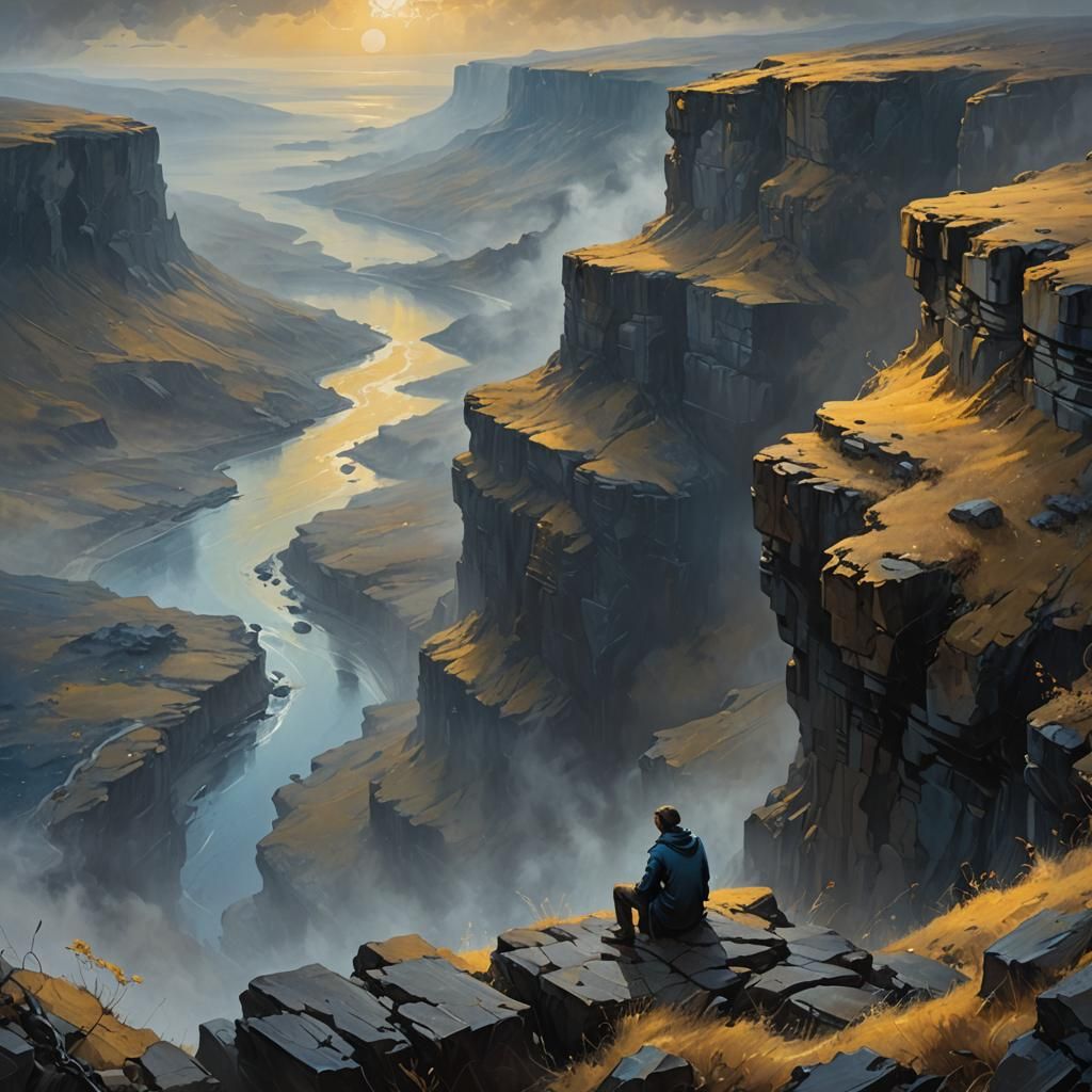Lonely Figure in Mystical Landscape Painting