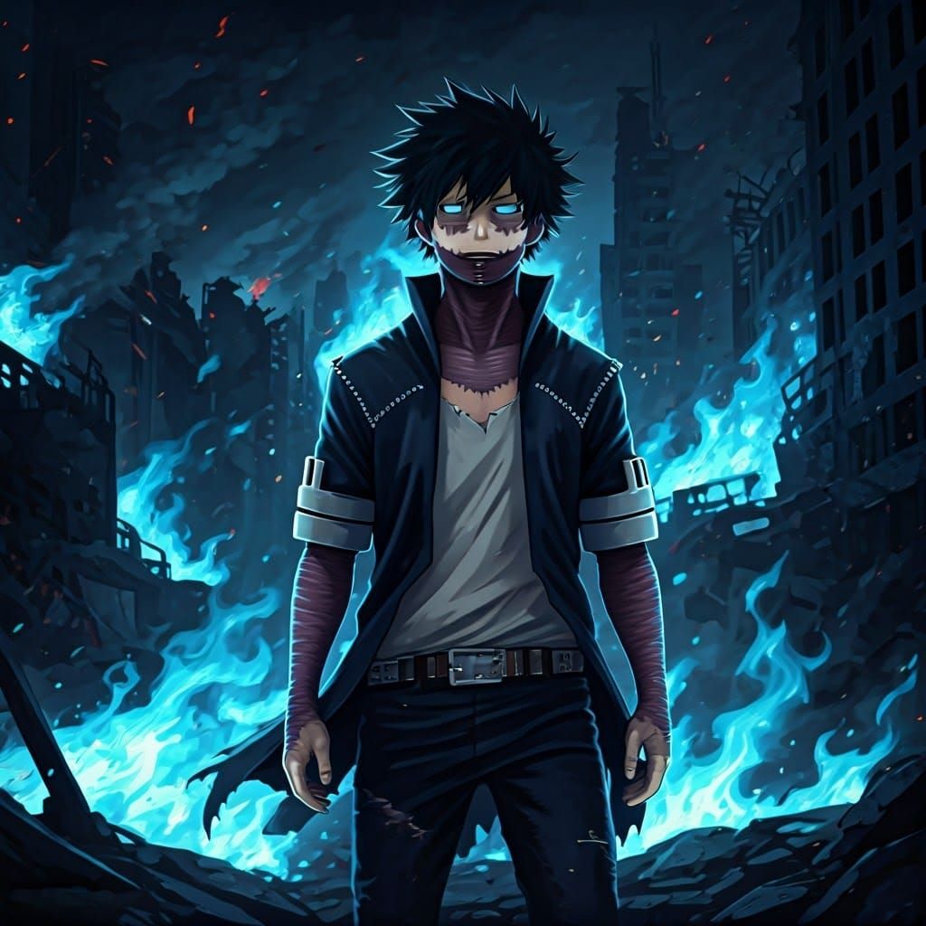 Dark Hero Dabi Amidst Inferno Cityscape