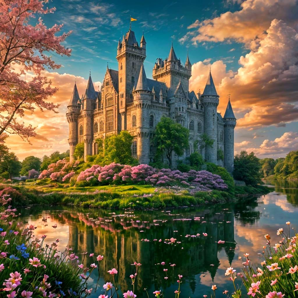 Tudor Castle in Spring Meadow at Sunset