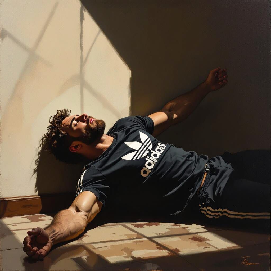 Man in Adidas Shirt Collapses Under Dramatic Lighting