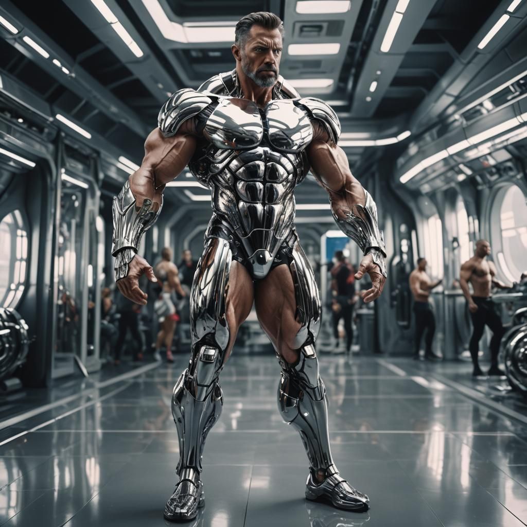 Chrome Cyborg Muscle Daddy in Futuristic Spaceship