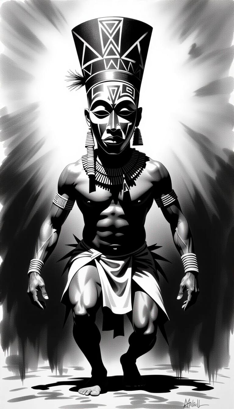 Expressionistic Charcoal Drawing of Masked Dancer with Glowi...