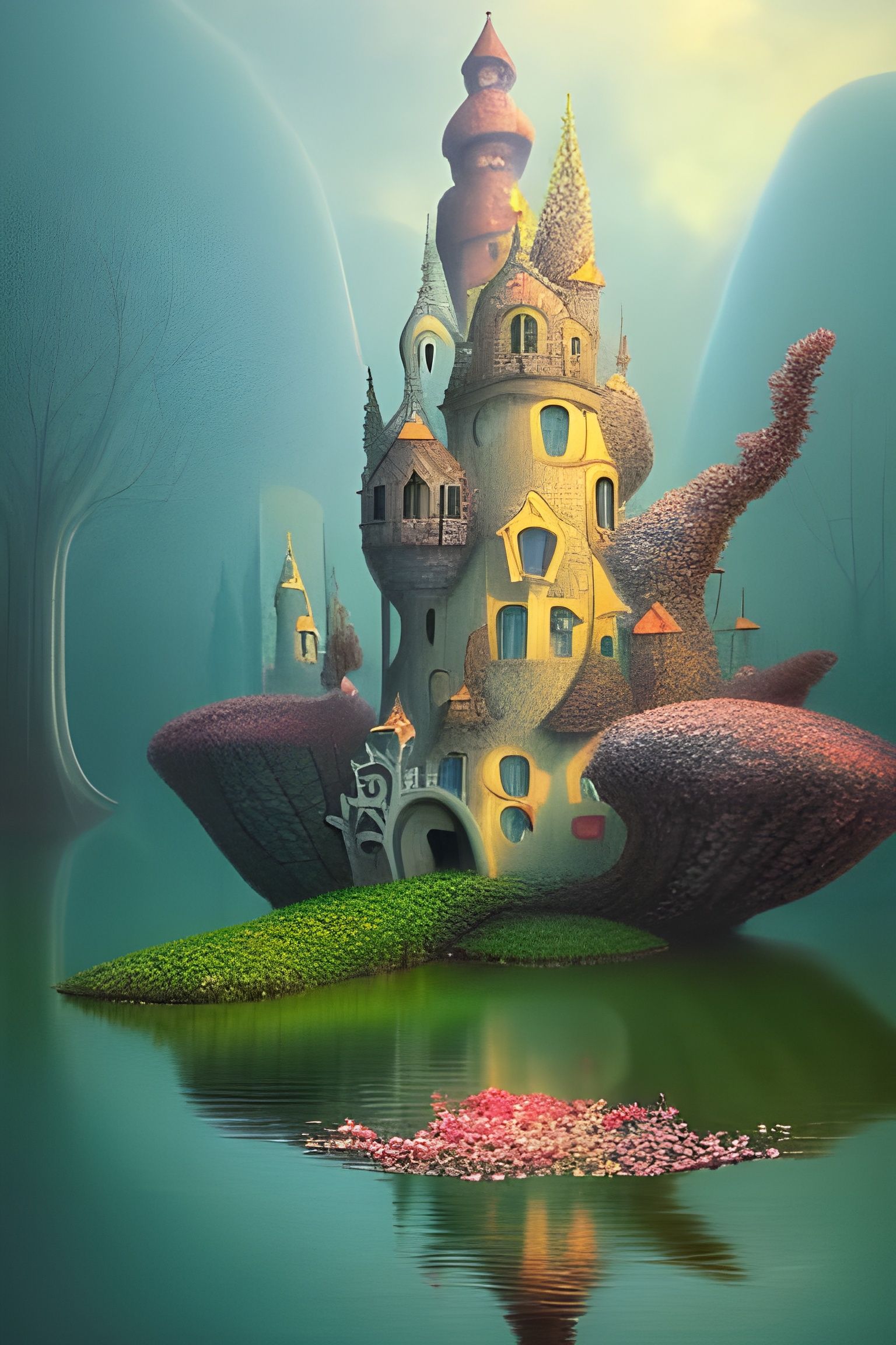 Whimsical Castle in Blossom Forest, Surreal Art