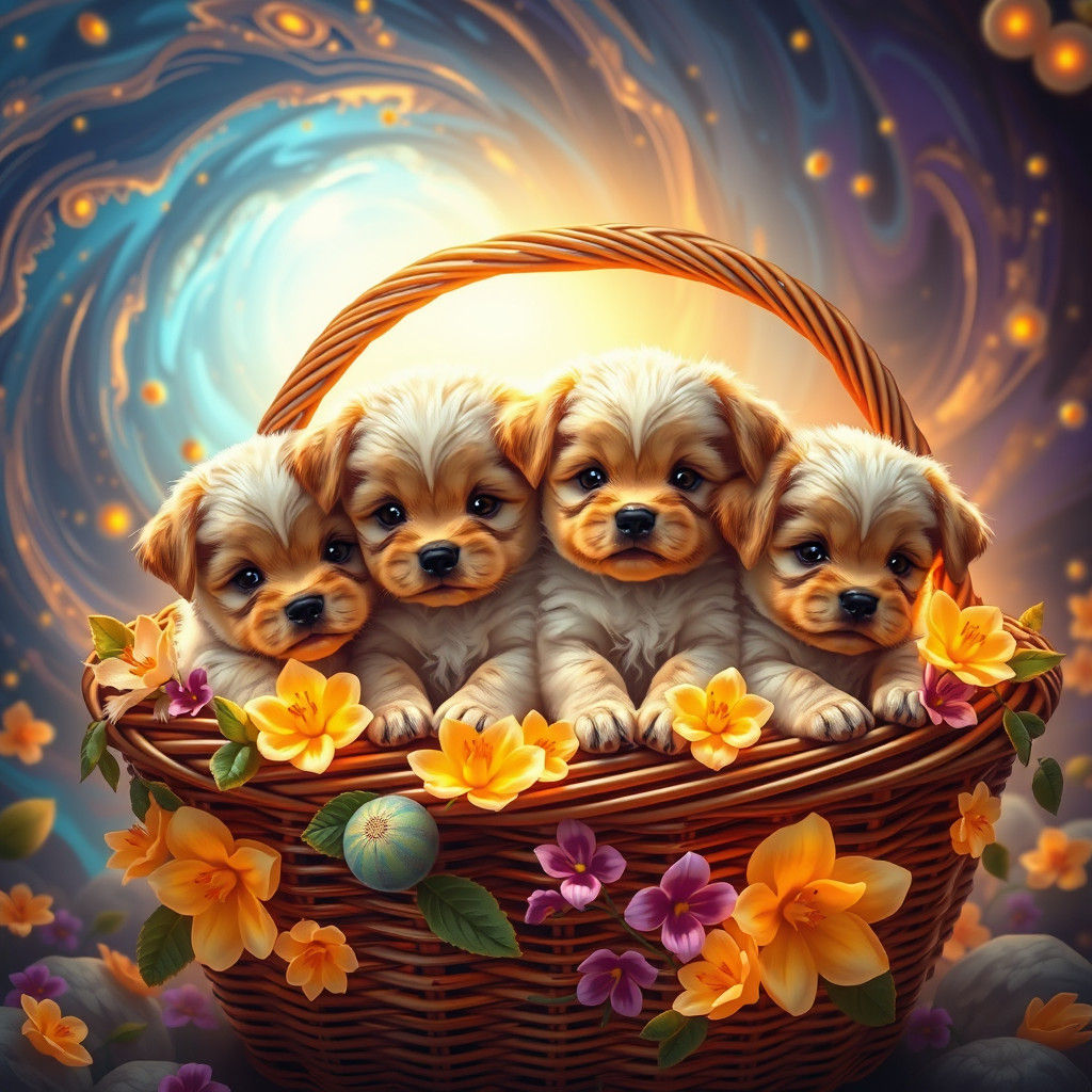 Adorable Puppies in Woven Basket, Matte Painting