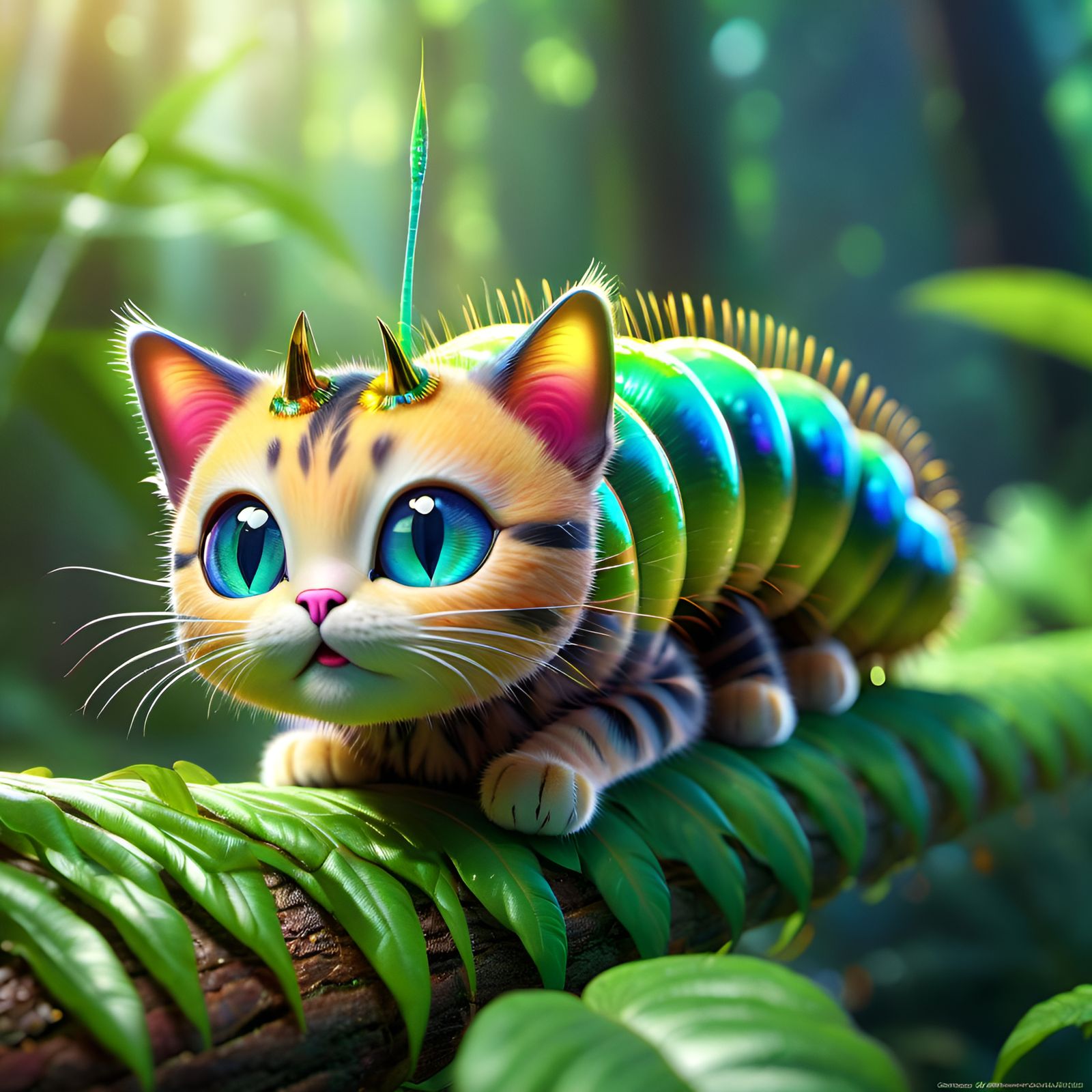 Cat-Headed Caterpillar in Rainforest, Digital Illustration