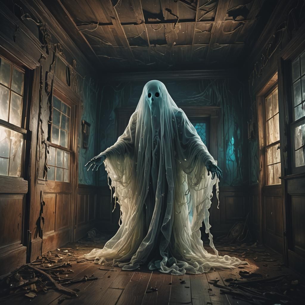 Ethereal Ghost in Haunted House, Surreal Bioluminescent Art
