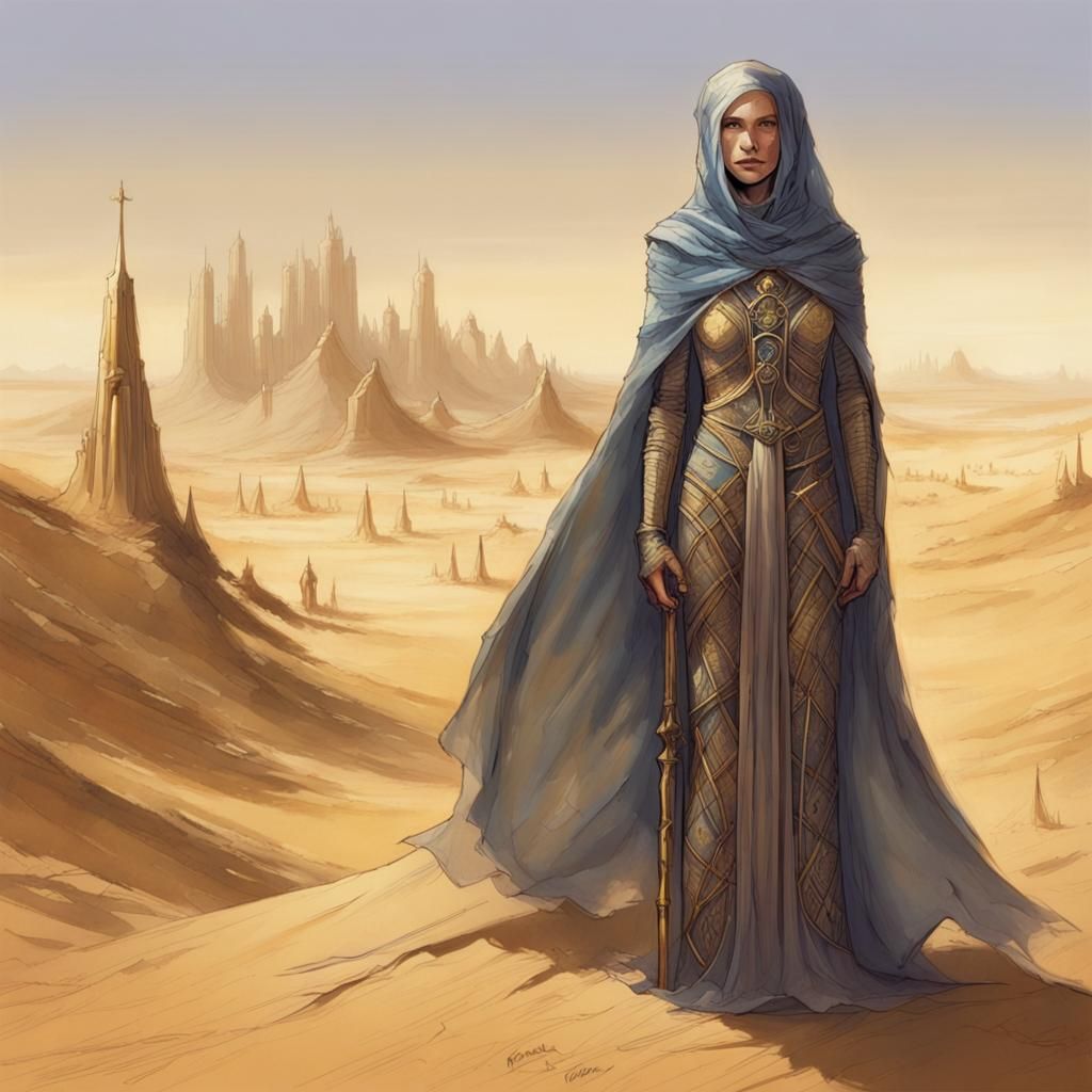 Bene Gesserit in Fremen Stillsuit Amidst Arid Desert