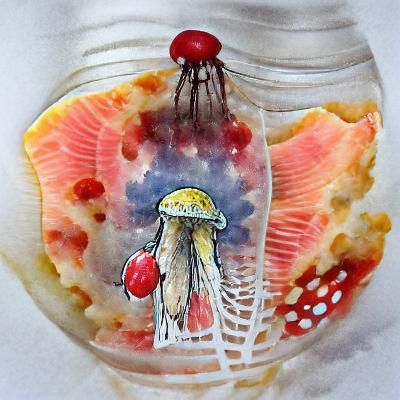 Watercolor Mushroom Growing on Jellyfish