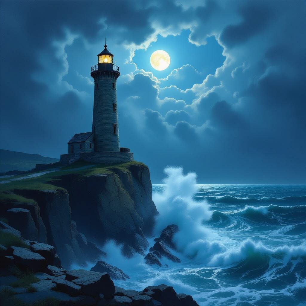 Ancient Lighthouse on Jagged Cliff Under Tempestuous Sky