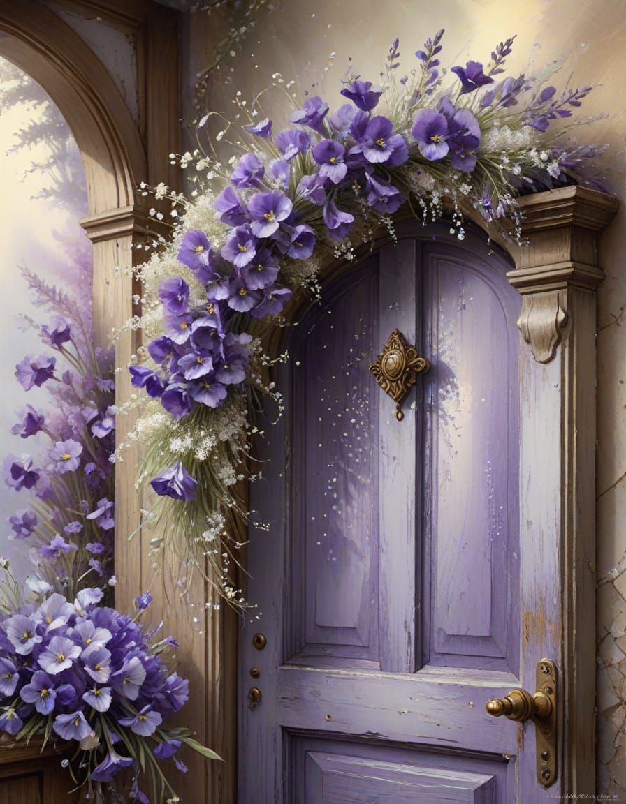 Ethereal Floral Wreath on Antique Door - Watercolour