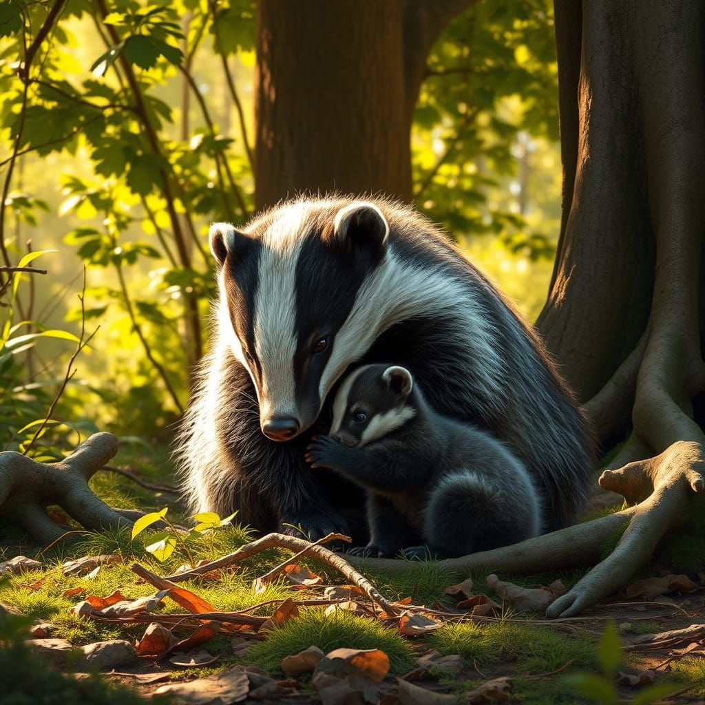 Badger in a Sunlit Forest Glade
