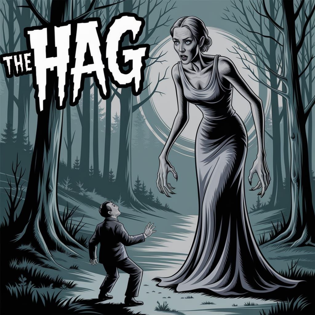 Movie poster, B&W 1930s horror. Title "The Hag" in big scary...