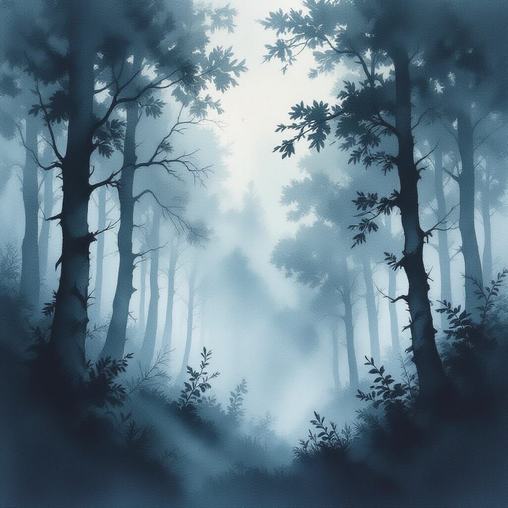 Eerie Misty Forest in Watercolor Style