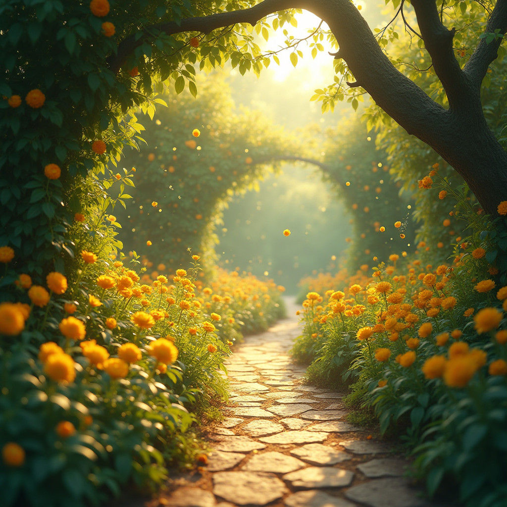 Ethereal Flowerbeds in Golden Light, Matte Painting