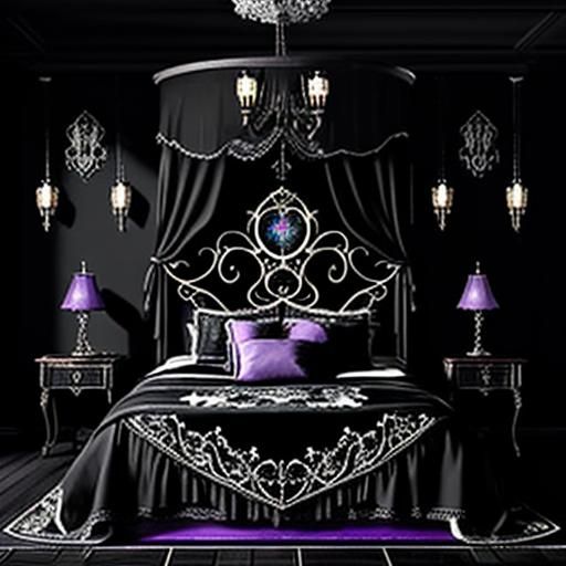 Beautiful gothic bedroom with black walls & gothic black bed &Black butterfly on the wall& beautiful purple lights hangi...