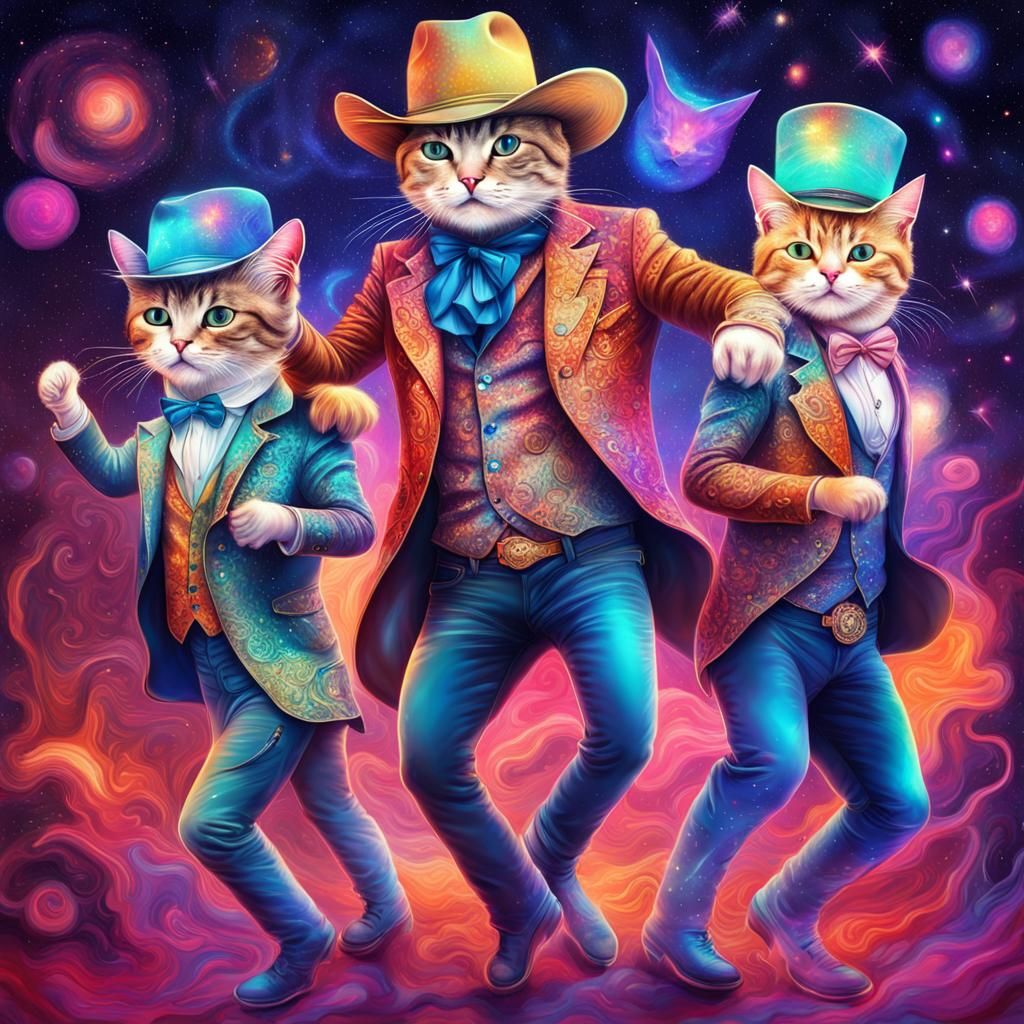 Cowboy Cats Astral Party in Mixed Media Style