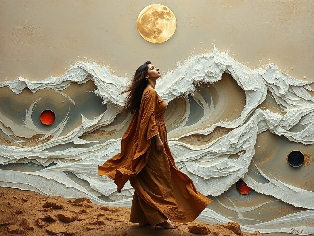 Serene Goddess Amidst Turbulent Waves in Surrealist Dreamsca...