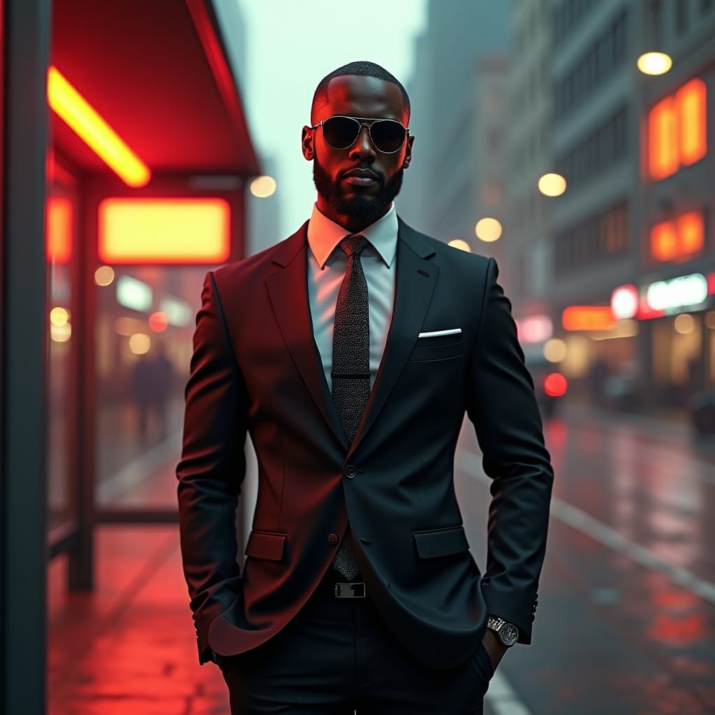 Neo-Noir Man at Bus Stop in Cyberpunk Style