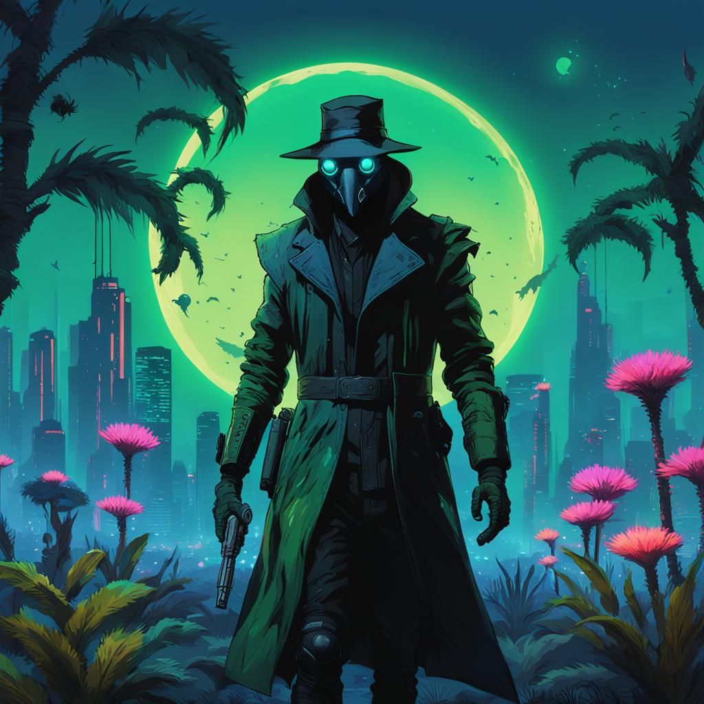 Cyberpunk Plague Doctor on Alien World