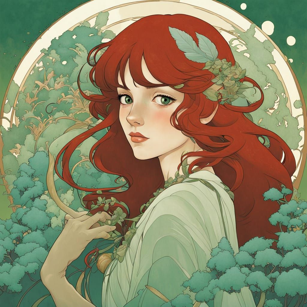 Red-Haired Woman in Cel-Shaded Art Nouveau Style