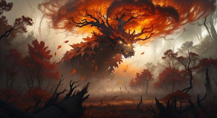 Autumn Wind Creature Tornado in a Devastated Forest