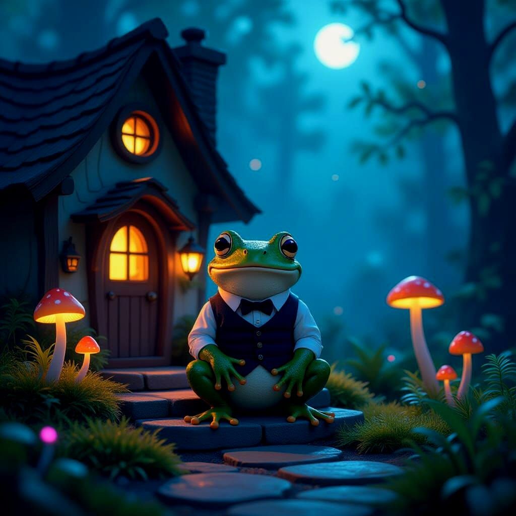 Whimsical Cottage in Bioluminescent Forest with Frog