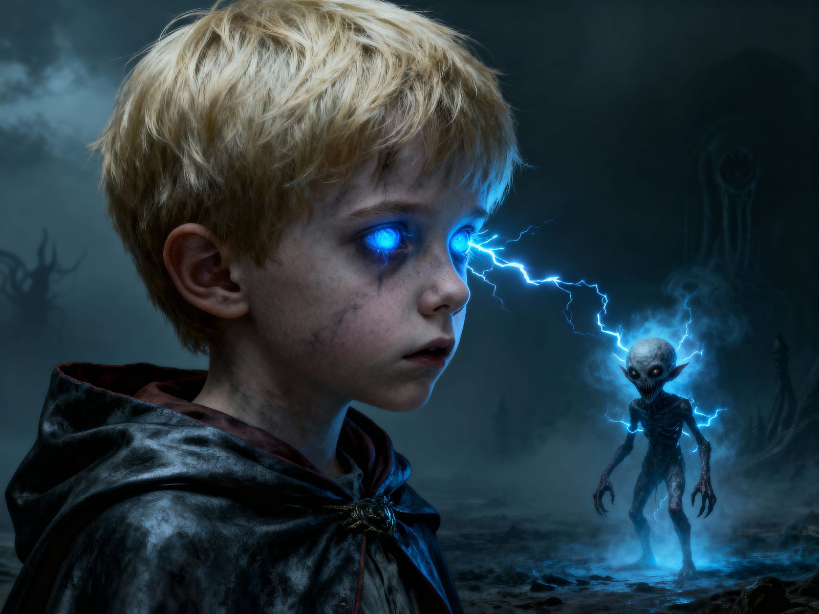 Creepy Child Demon Boy in Dark Art Style