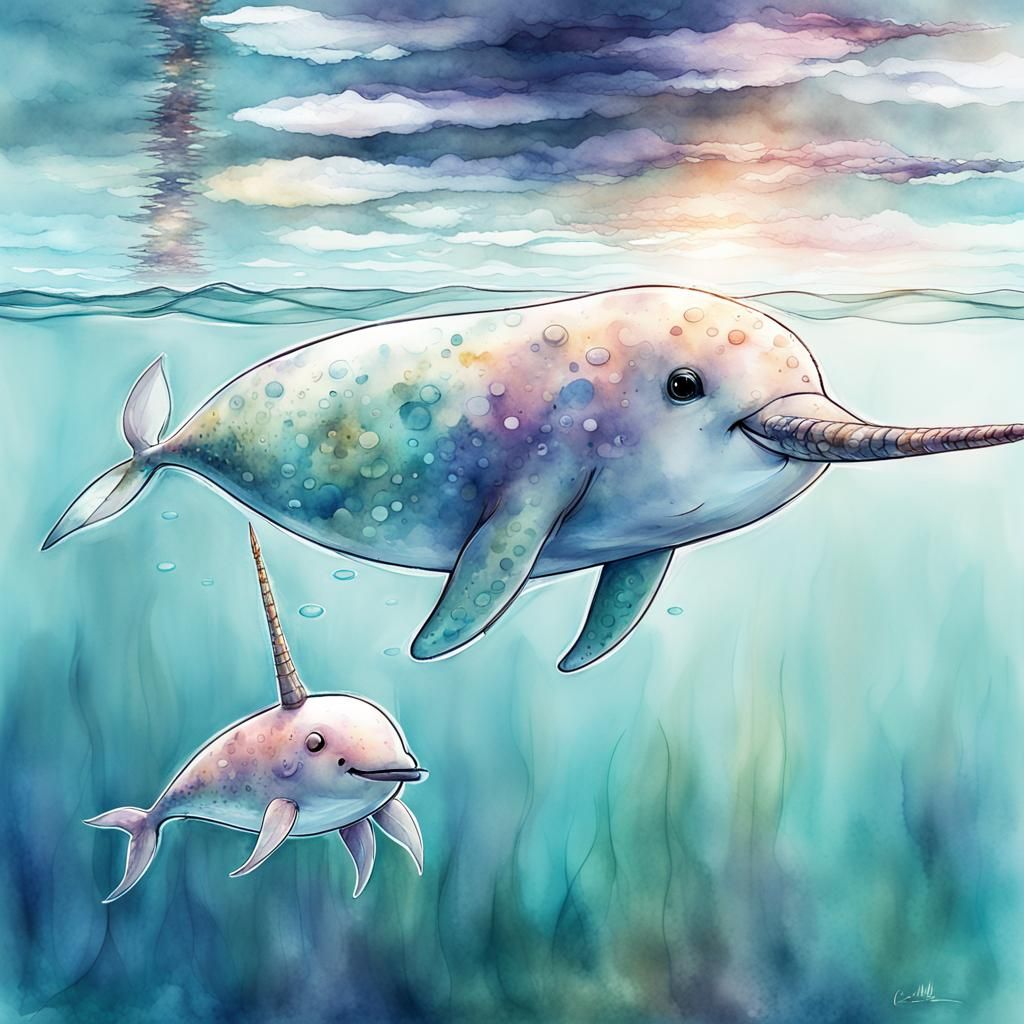 Adorable Baby Narwhal With Mother: Watercolor Illustration