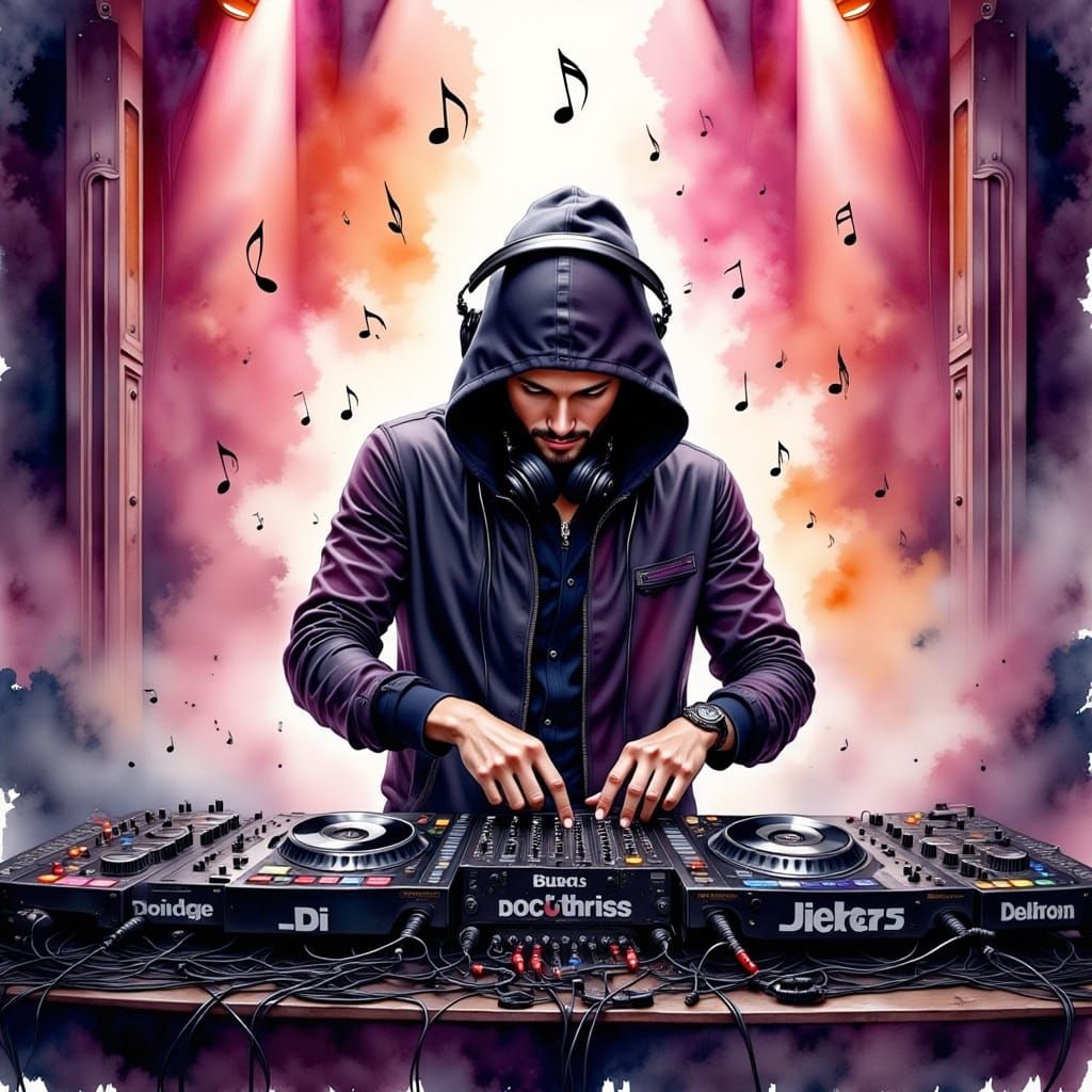 Hooded DJ Immersed in Musical Magic