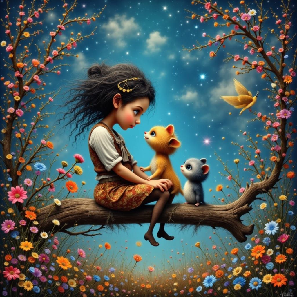 Girl and Kitten on Floating Swing, Surreal Dreamscape