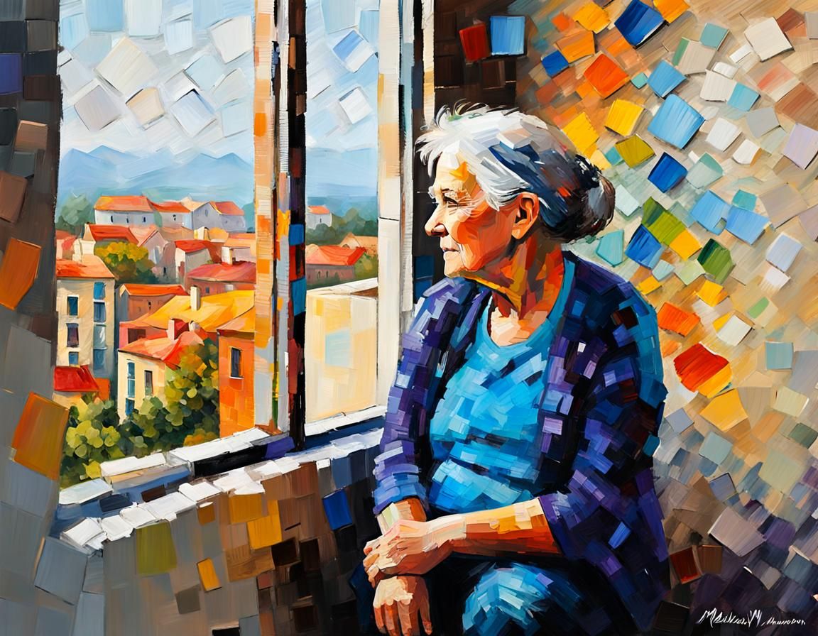 Grandmother with Quilt in Impasto Acrylic Painting