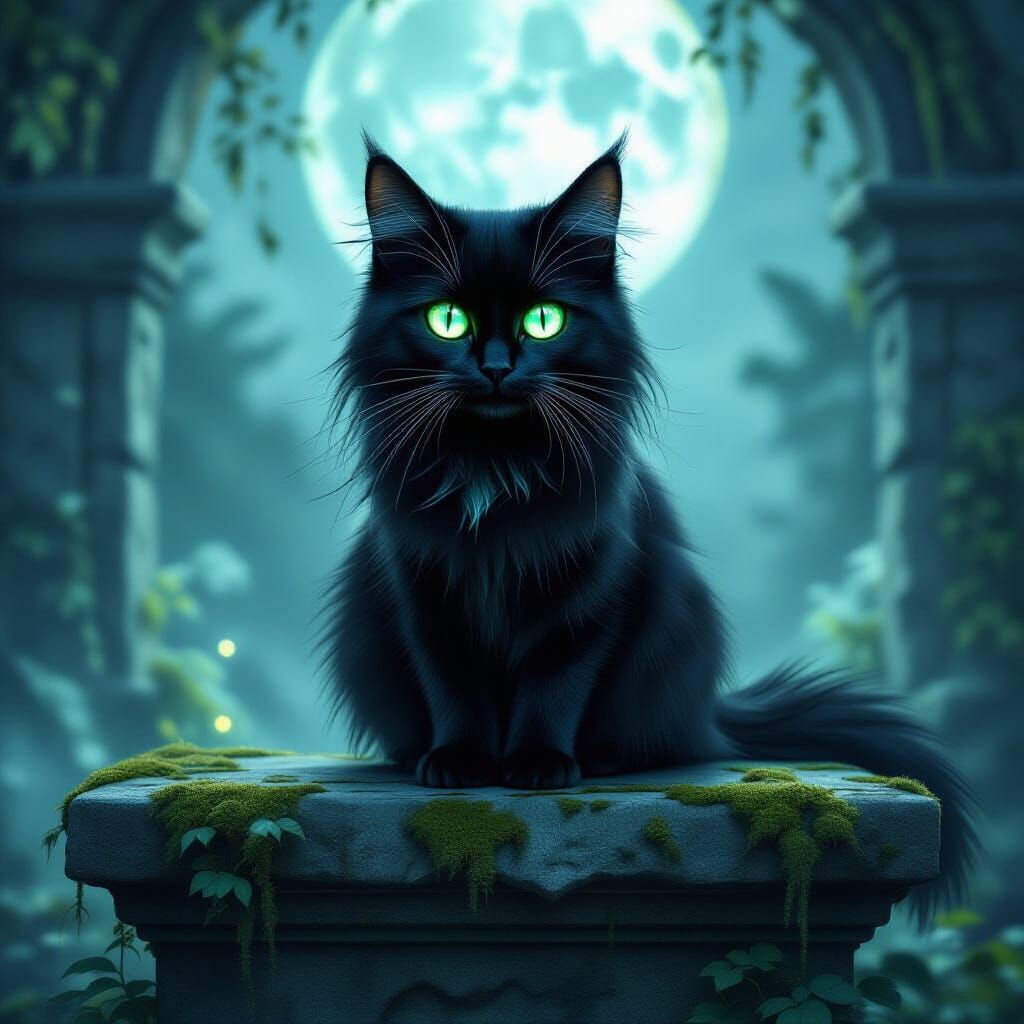 Mystical Black Cat with Glowing Emerald Eyes on Altar