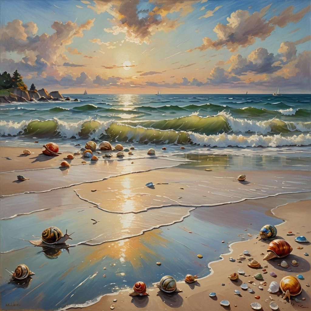 Seaside Snails: A Vibrant Oil Painting