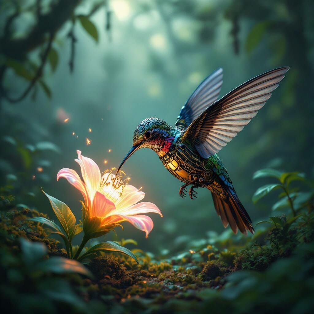 Clockwork Hummingbird Sipping Nectar in Jungle Clearing