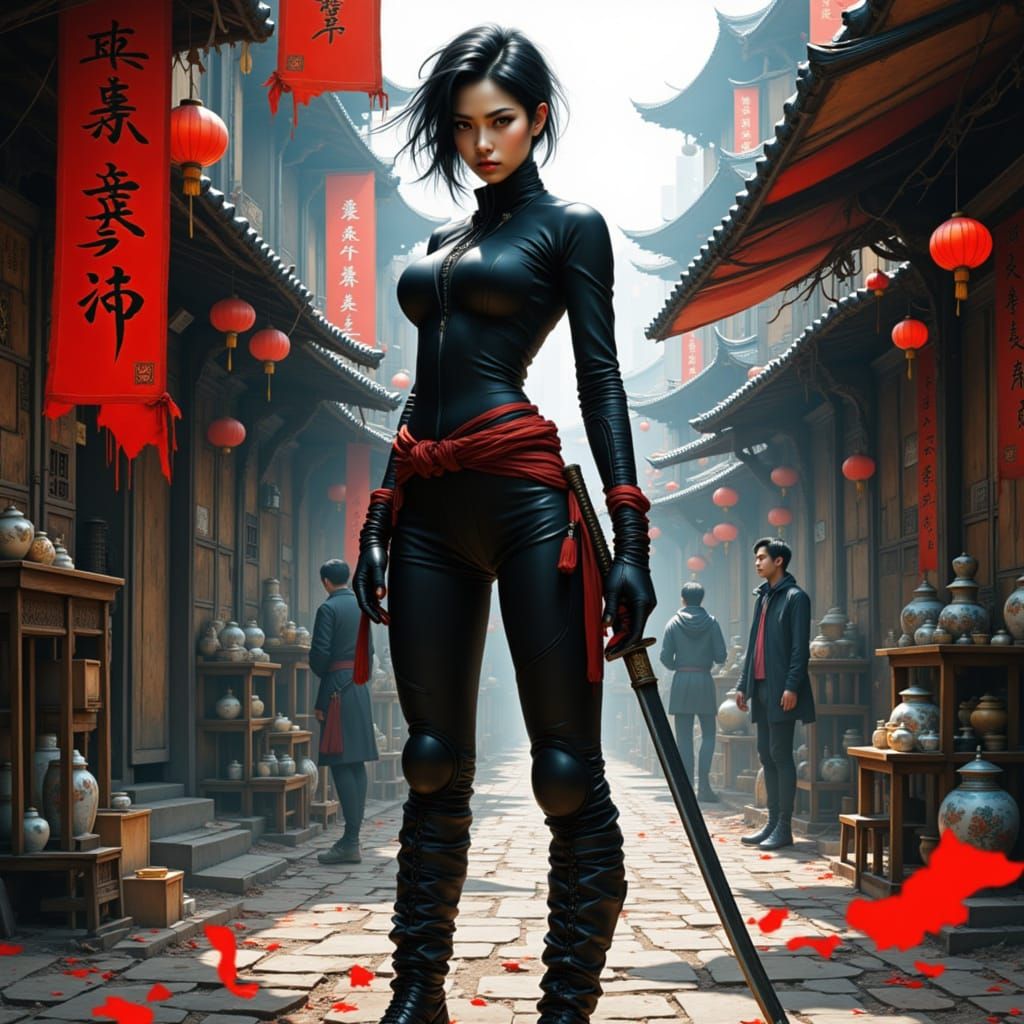 Mysterious Warrior in a Ruined Chinese Village