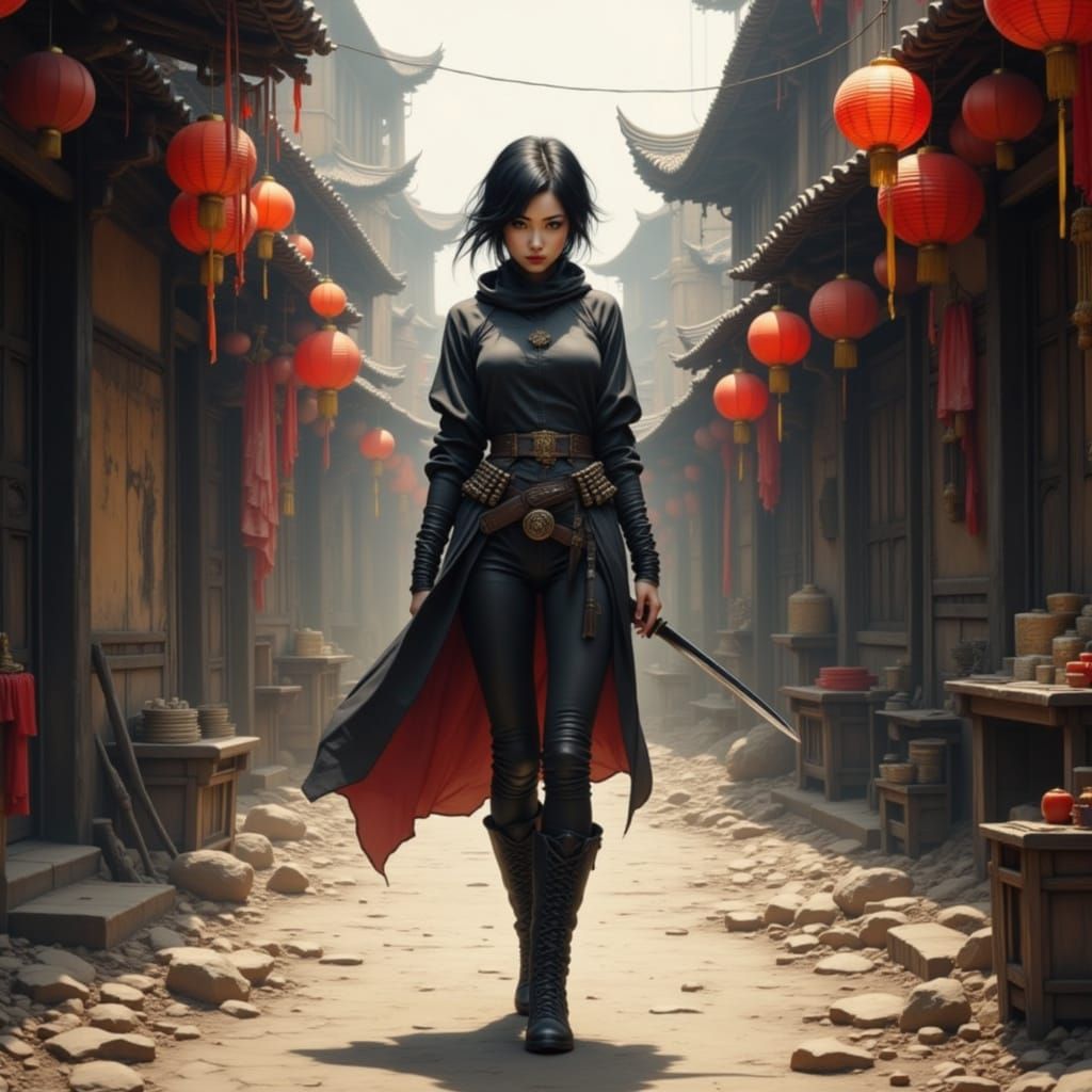 Cyberpunk Warrior Walks Through Ancient Chinese Village