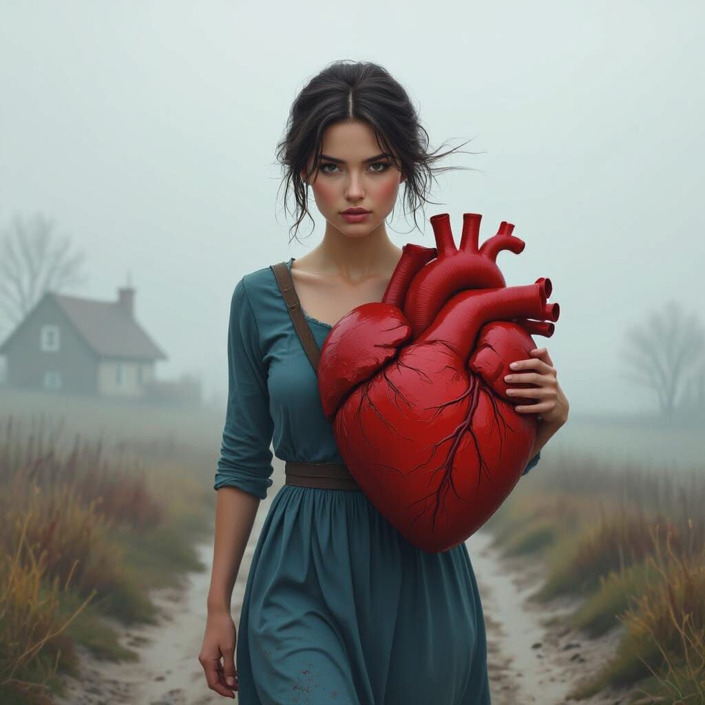 Resilient Woman Carries Cracked Heart in Misty Autumn Landsc...