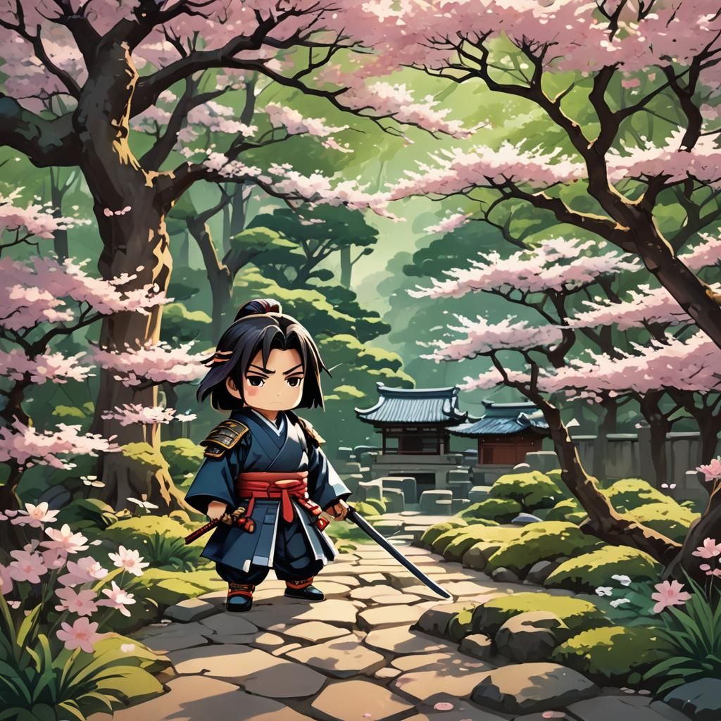 Chibi Samurai in Kyoto Garden, Anime Style