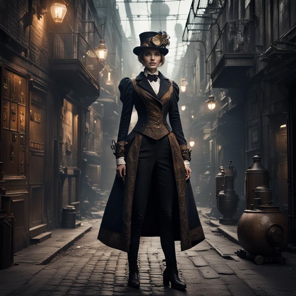 Victorian Steampunk Fashion in Dimly Lit Alley