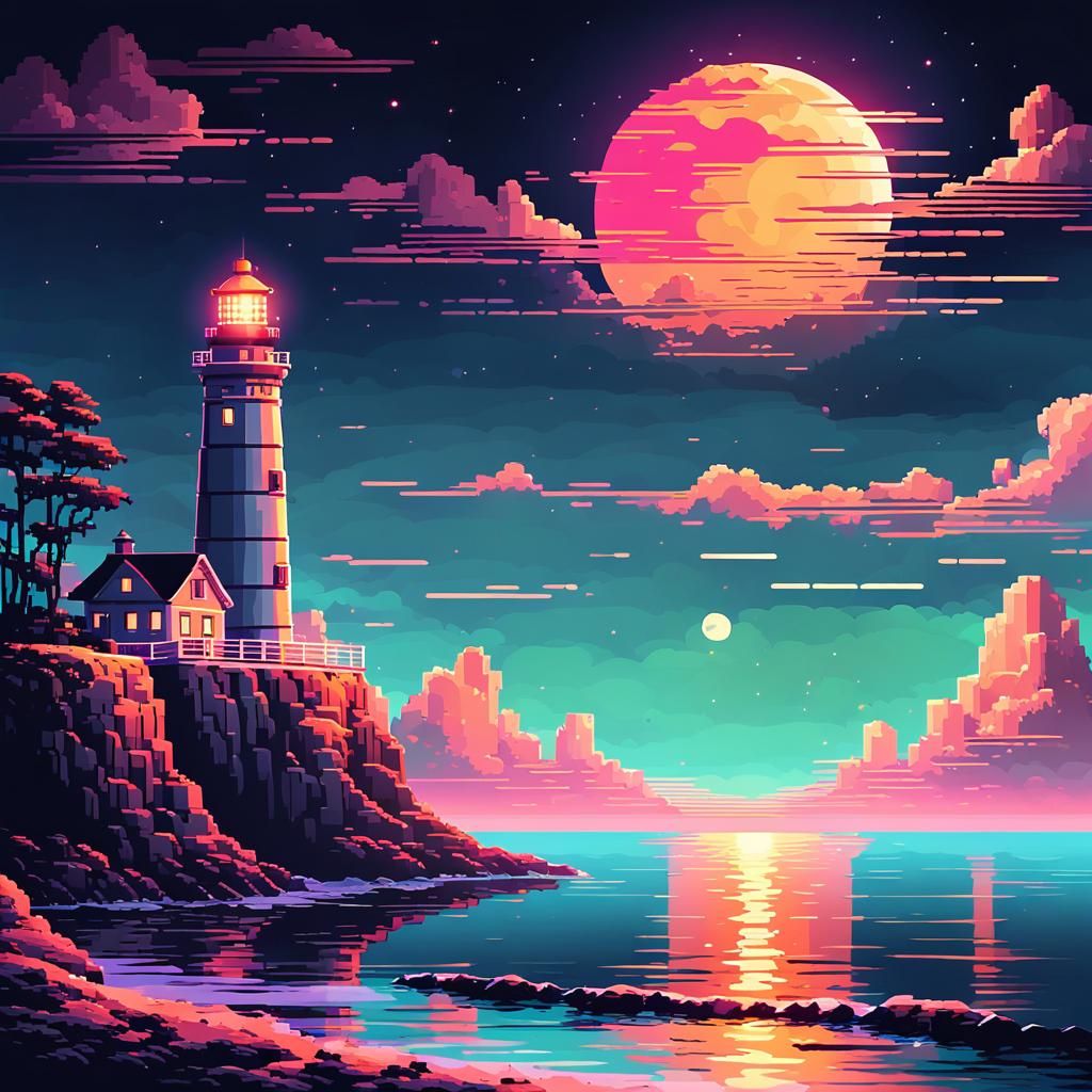 Pixel Art Lighthouse at Sunset in Retro Style