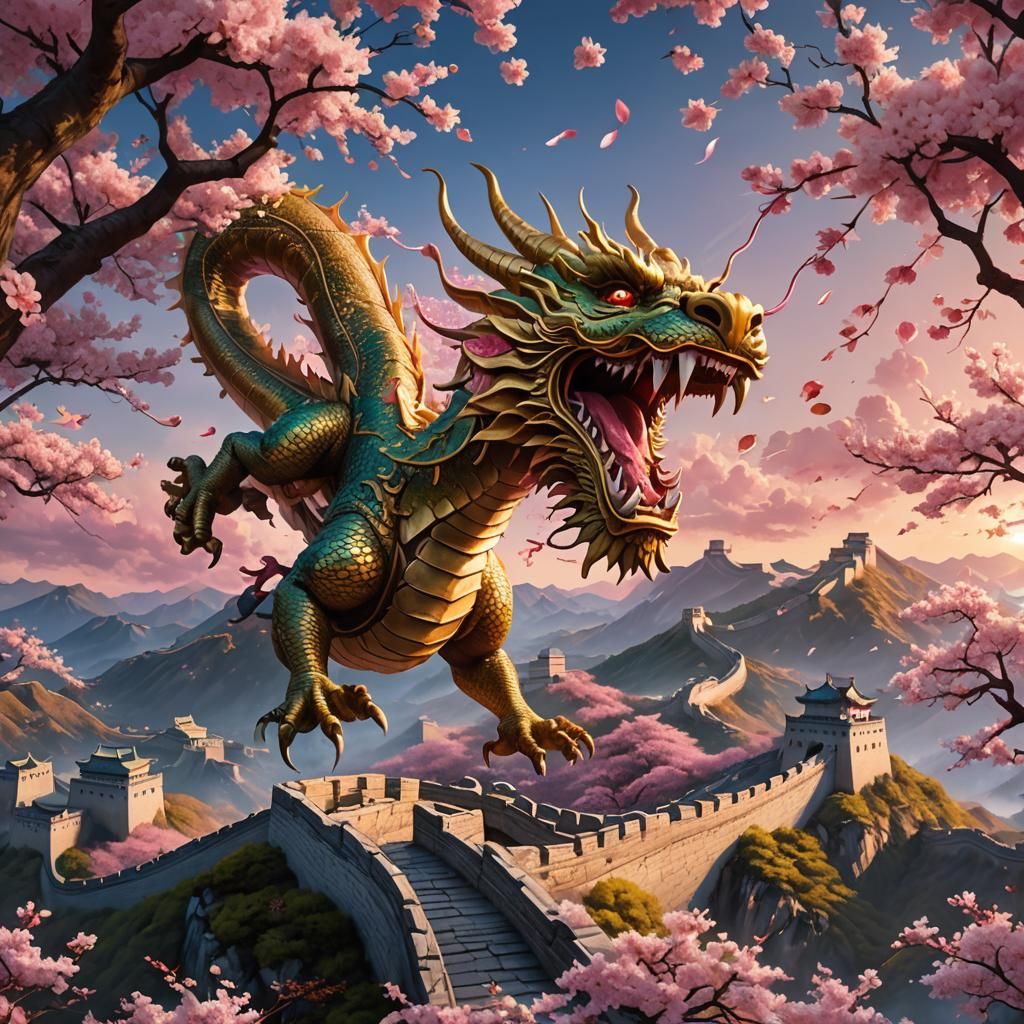 Chinese Dragon Over Great Wall: Fantasy Concept Art