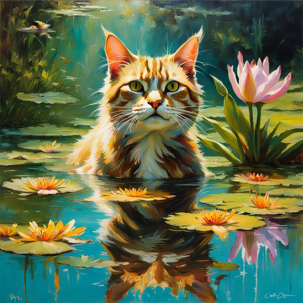Cat in Lily Pond with Alligator, Fine Art Painting