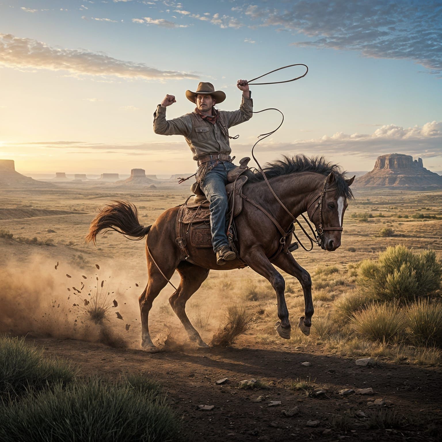 Cowboy Rides Bucking Bronco on Wild Frontier