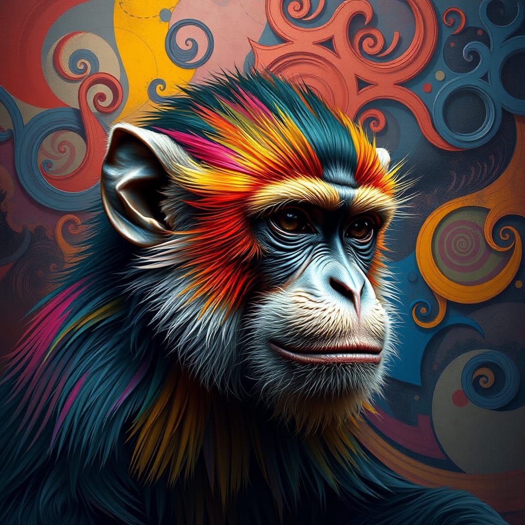 Vibrant Cubist Monkey in a Dreamlike Landscape