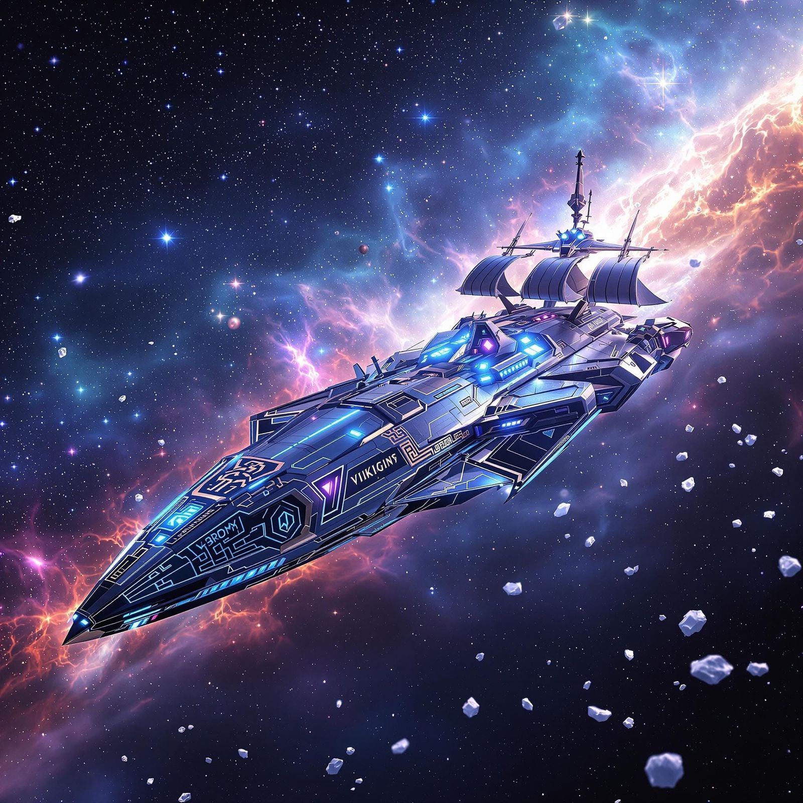 Majestic Viking Spaceship Soaring Through Starry Sky